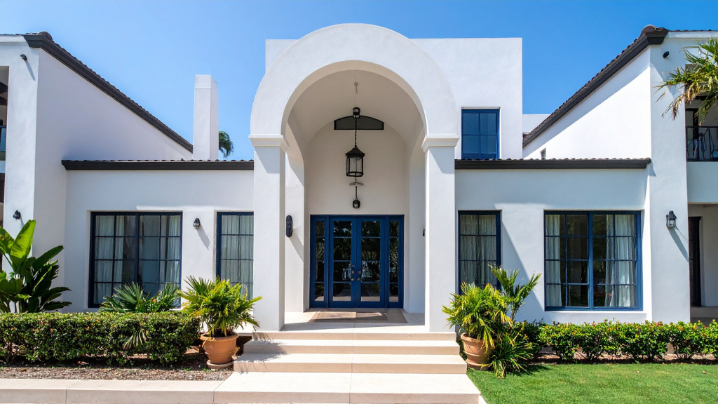 Modern white house with blue doors